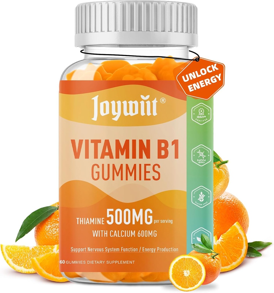 B1 Vitamin Gummies 500 mg, Yetişkinler için Chewable Thiamine B1 Supplement, 600 mgelli Citrate, Support Nervous System, Vegan, Natural Orange Flavor