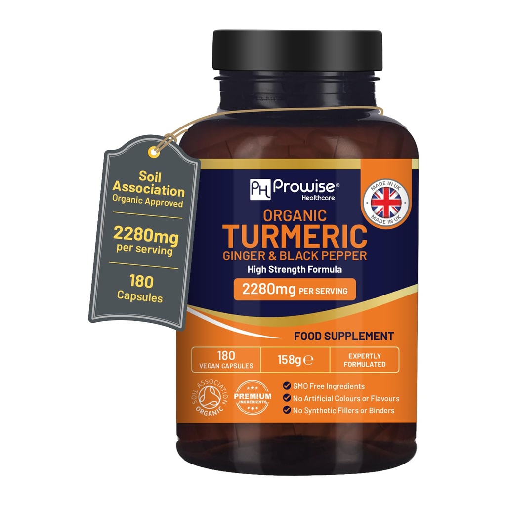 Turmeric 2280 mg (High Strength) with Black Pepper & Ginger - 180 Vegan Turmeric Capsules with Active Materials Curcumin I UK Made by Prowise Health