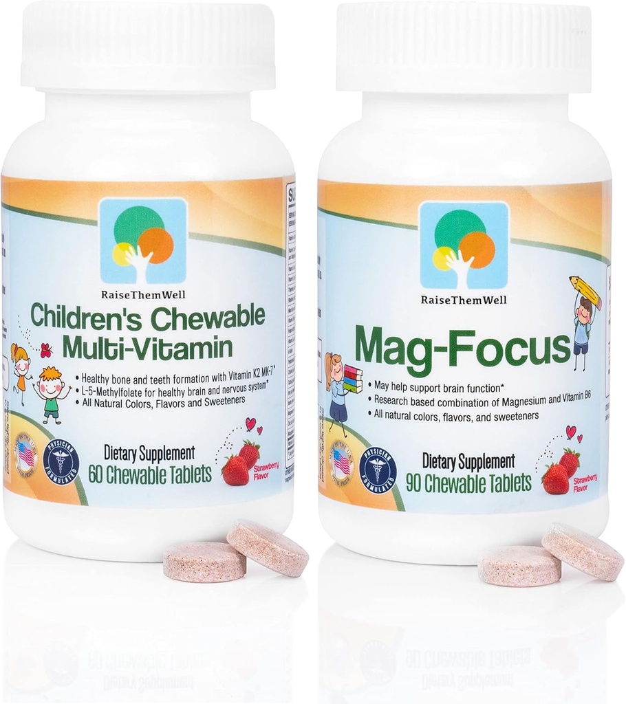 Them Well Mag Focus | Maganesium Citrate & B-6 for Kids| Natural Strawberry Flavored Magnezyum Focus Supplements and Great Tasting Chewable Multivitamin for Kids Sche