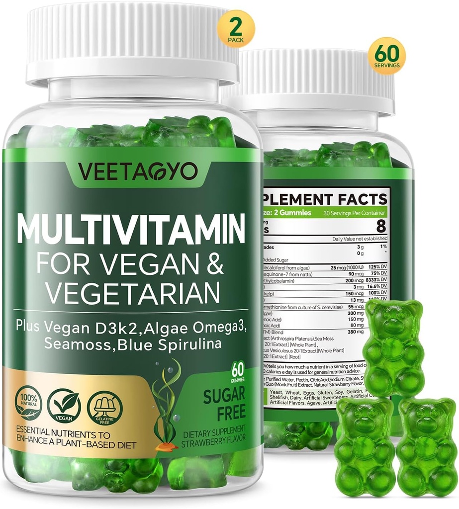 D3 + K2-1000IU D3 90 Live K2 - Vejetaryen & Yetişkinler için Multivitamin /Algae Omega-3,Iron,Methyl B12,Seamoss,Iodine for Bone,Muscle,Energy,Immunity Support- Sugar Free,Gluten-Free,120 Count