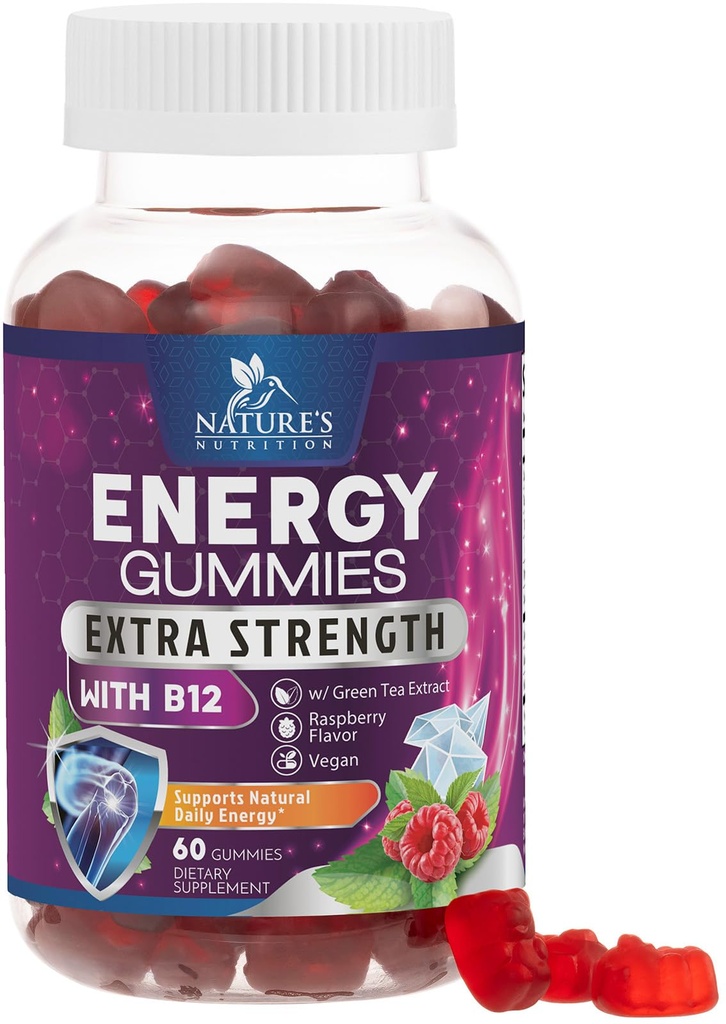 Ενέργεια Gummies 1000mcg - με βιταμίνη B12, Πράσινο Τσάι Φυσική Caffeine Υποστήριξη, Καθημερινή Ενέργεια Gummies - Delicious Berry Flavor B12 Chewable Άσκηση συμπλήρωμα για τρέξιμο Ποδηλασία & Αθλητισμός - 60 μάσημα