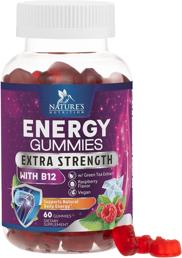Enerji Gummies 1000mcg - B12, Yeşil Çay Doğal Caffeine Desteği, Daily Energy Gummies - Delicious Berry Flavor B12 Chewable Egzersiz Supplement for Run Bisiklet & Sports - 60 Chews