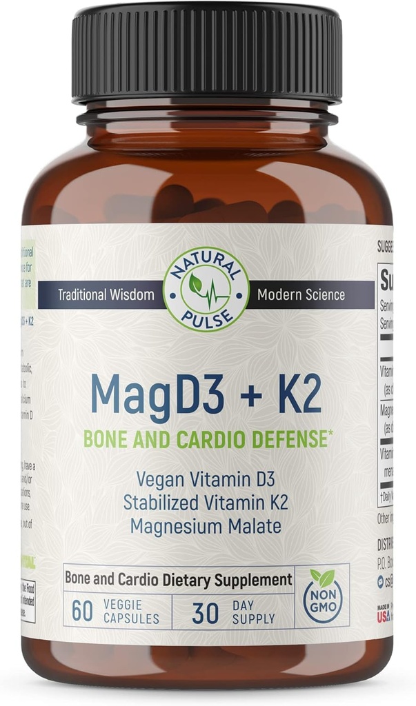Magnesium Malate + Vegan Vitamin D3 + Stabilized Vitamin K2, Complete Support Supplement for Cellular Energy, Cardiovascular, Immune and Metabolic Health & Bone Strength, 90 Veggie Caps