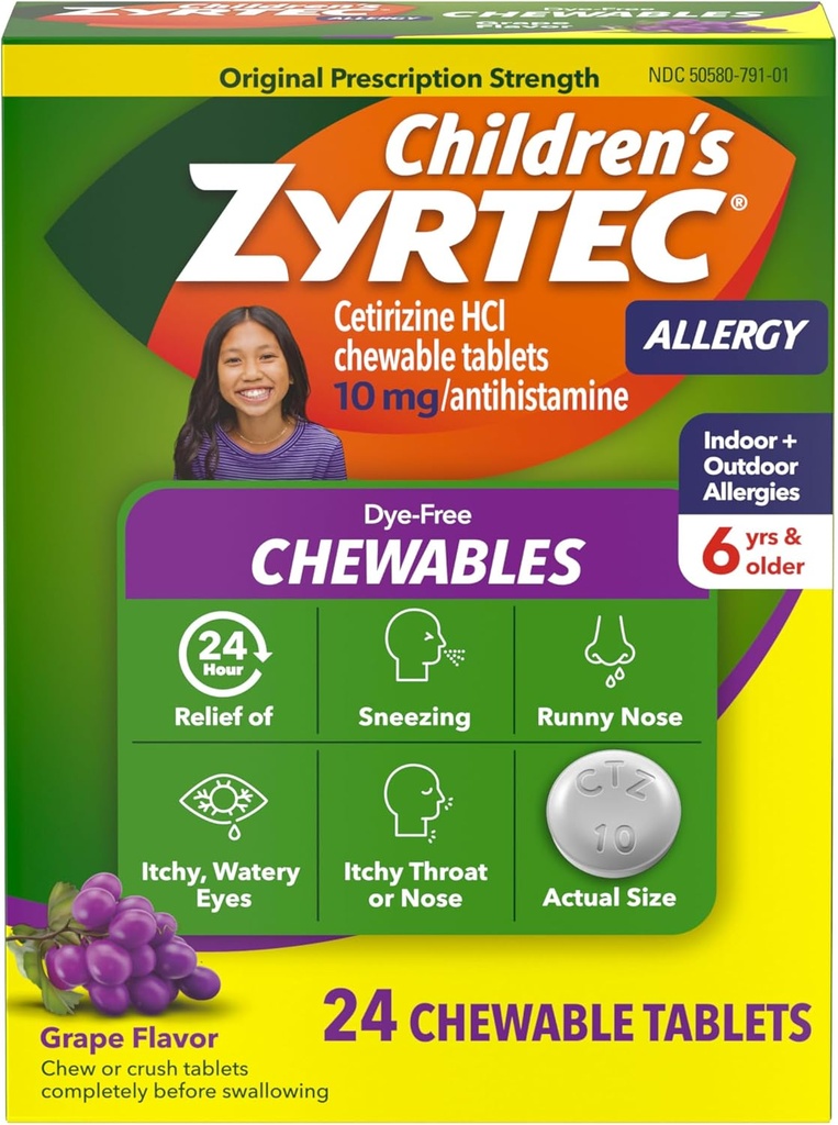 Zyrtec Çocuk Dye-Free Chewables for 24 Saat Antihistamin Tabletleri, Çocuk Antihistamin Tabletleri, Çocuk Antihistamin Tabletleri, Çocuk Antihistaminasyon & Itchy Throat, Grape, 24 ct