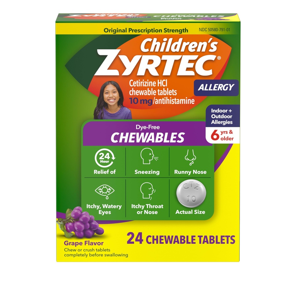Zyrtec Çocuk Dye-Free Chewables for 24 Saat Antihistamin Tabletleri, Çocuk Antihistamin Tabletleri, Çocuk Antihistamin Tabletleri, Çocuk Antihistaminasyon & Itchy Throat, Grape, 24 ct