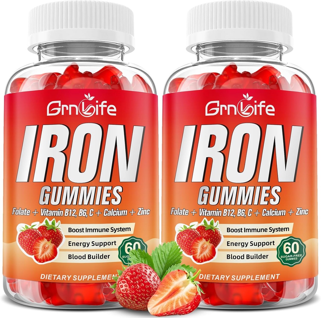 Iron Gummies για γυναίκες, άνδρες και παιδιά, συμπλήρωμα σιδήρου χωρίς ζάχαρη με ασβέστιο, ψευδάργυρο, φολικό & βιταμίνη B12, C, B6 - για κτίριο αίματος & την ενεργειακή υποστήριξη, αναιμία, φράουλα, 120 κόμης