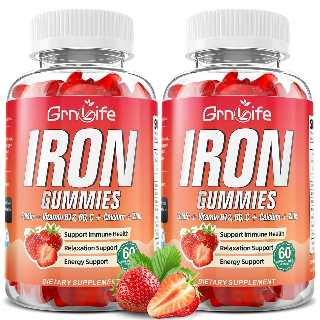 Kadınlar için Demir Gummies, Erkekler ve Çocuklar, Şeker Free Iron Supplement, Kalsiyum, çinko, Folate & Vitamin B12, C, B6 - Blood Building & Energy Support, Anemi, Strawberry, 120 Count