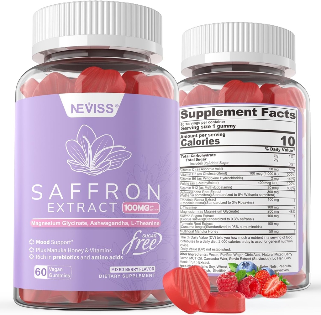 Saffron Supplements Gummies 100mg -% 100 Saf Saffron Extract with Magnezyum Glycinate, L-Theanine, Turmeric, Ashwagandha, Honey & Vitamin B Kompleks for Mood & Power, Antioxy, Vitality - 120