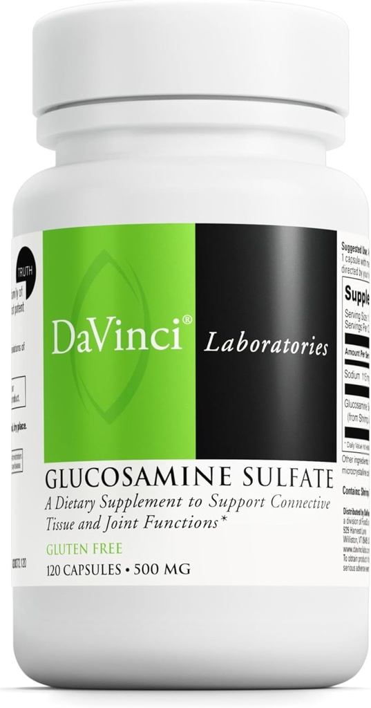 DAVINCI Laboratuvarları Glucosamine Sulfate - Connective Tound ve Ortak Fonksiyonlara Destek için Diyetsel Tamam - Gluten-Free - 500 mg - 120 Capsules