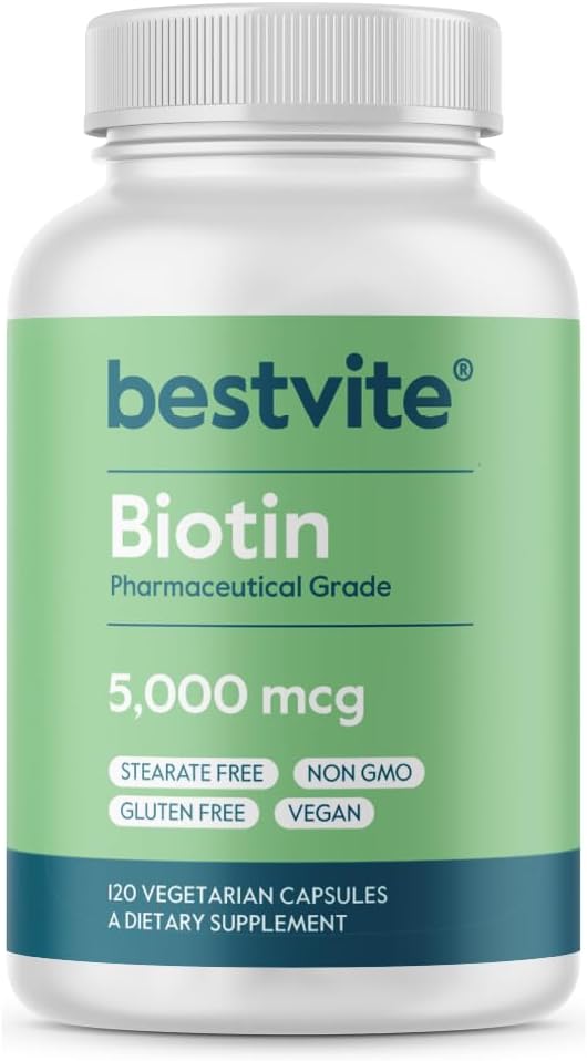 BESTVITE Biotin 5000mcg (120 κάψουλες χορτοφάγων) - Δεν Stearates - Δεν Flow Agents - Vegan - Μη ΓΤΟ - Χωρίς γλουτένη - μαλλιά, δέρμα, νύχια