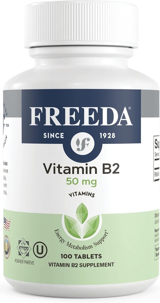 Freeda Vitamin B2 Riboflavin 50mg – Enerji ve Nervous Sistem Desteği – Kosher, Vegan, Gluten-Free B2 Supplement for Brain & Metabolism – (100 Ct)