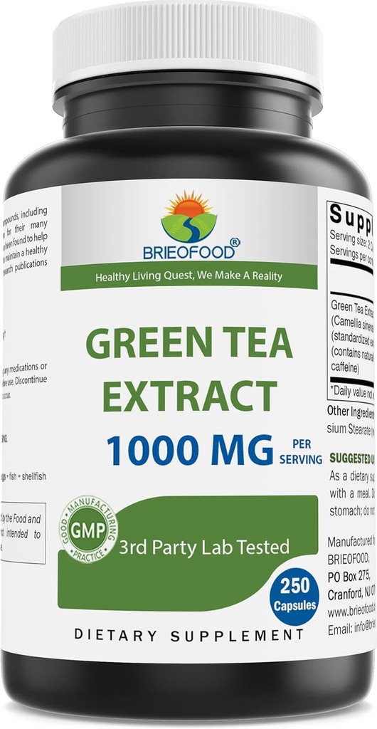 Brieofood Yeşil Çay Hizmet başına 1000 mg (Min% 50 Polifenol) - 250 Capsules - 3. Parti Lab Saf ve Kalite için Test Edildi