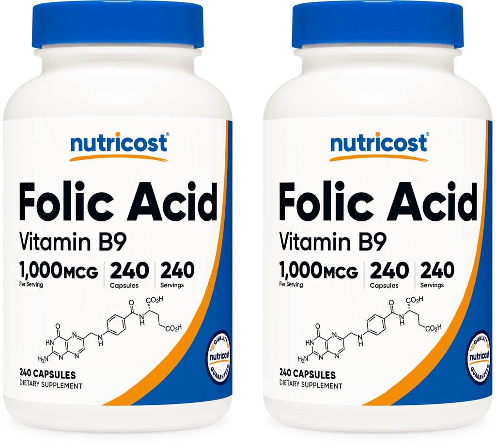 Nutricost Folic Acid (Vitamin B9) 1000 mcg, 240 Capsules (2 Şişe)