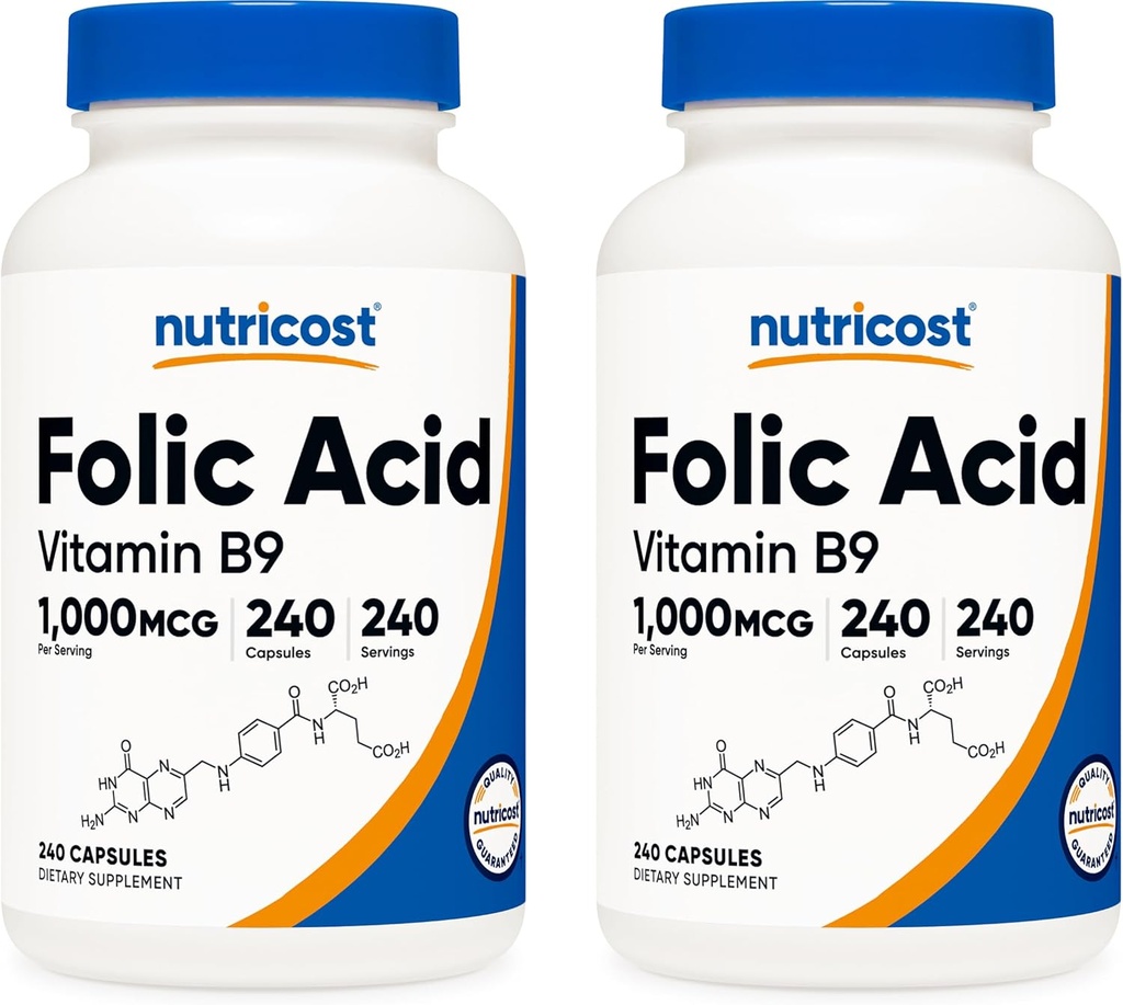 Nutricost Folic Acid (Vitamin B9) 1000 mcg, 240 Capsules (2 Şişe)