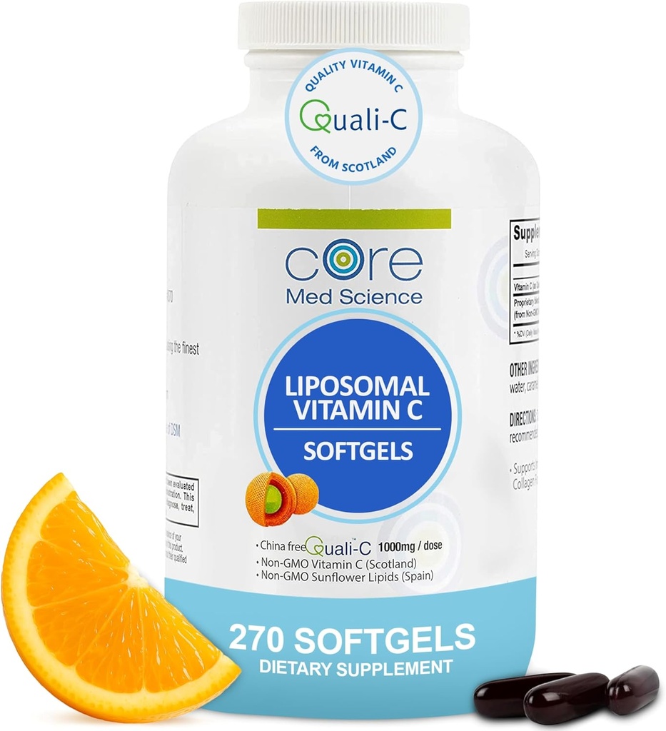 Liposomal Vitamin C 1000mg by Core Med Science, 270 Softgels - μη-GMO Natural Liposomal Vitamin C συμπλήρωμα που προωθεί το υγιές δέρμα - ανοσοποιητικό σύστημα Booster για ενήλικες, υποστηρίζει σχηματισμό κολλαγόνου