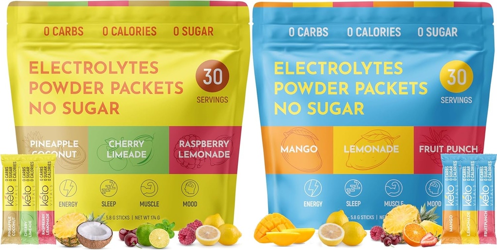 Keto Vitals Tropikal & Original Assorted 2 Pack Sche Electrolyte Toz Paket - Tropikal ve Orijinal Flavors | Sugar Free, Zero Calorie, Zero Carb | Easy Travel Stick Packs | Ket
