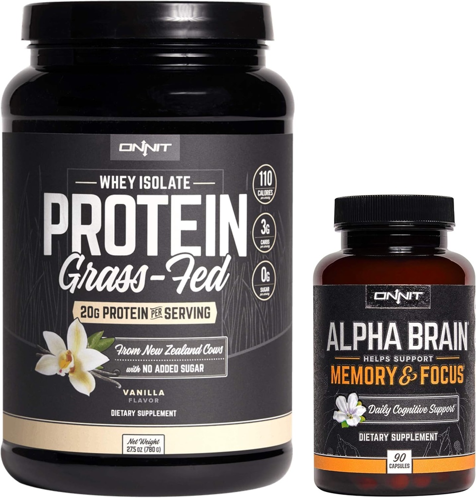 ONNIT Nootropic + Sports Διατροφή στοίβα - Alpha Brain (90ct) + Grass Fed πρωτεΐνη ορού γάλακτος (Vanilla)