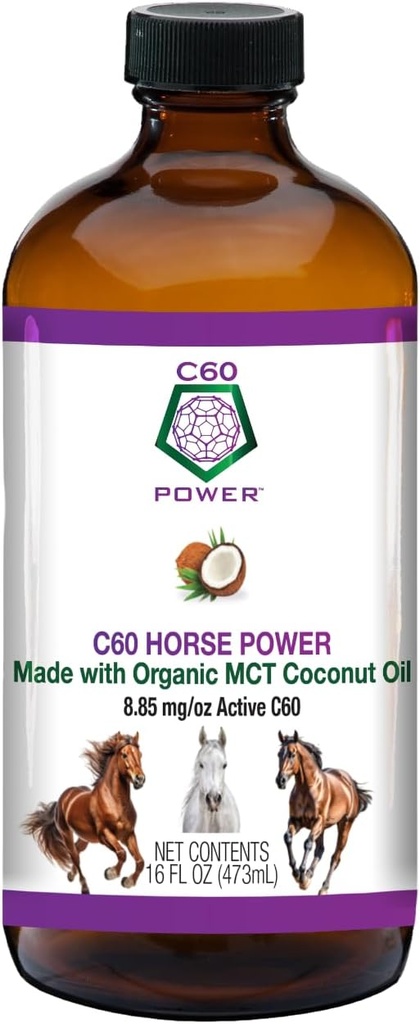 C60 Horse Power - C60 in Organic MCT Coconut Oil, Natural Wellness Support for Horses, 99,99% Pure Carbon Fullerenes, Προάγει την υγιή γήρανση, την ενέργεια, & την κινητικότητα - 16 fl oz μπουκάλι
