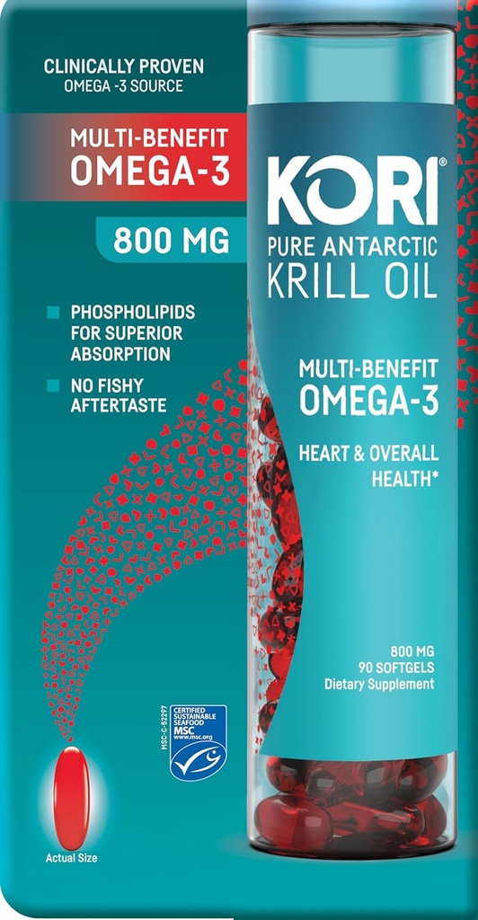 Kori Krill Antarktika Krill Oil Omega 3 Supplement, EPA & DHA, Superior Abpsiyon vs. Fish Oil, 800 mg, 90 softgels