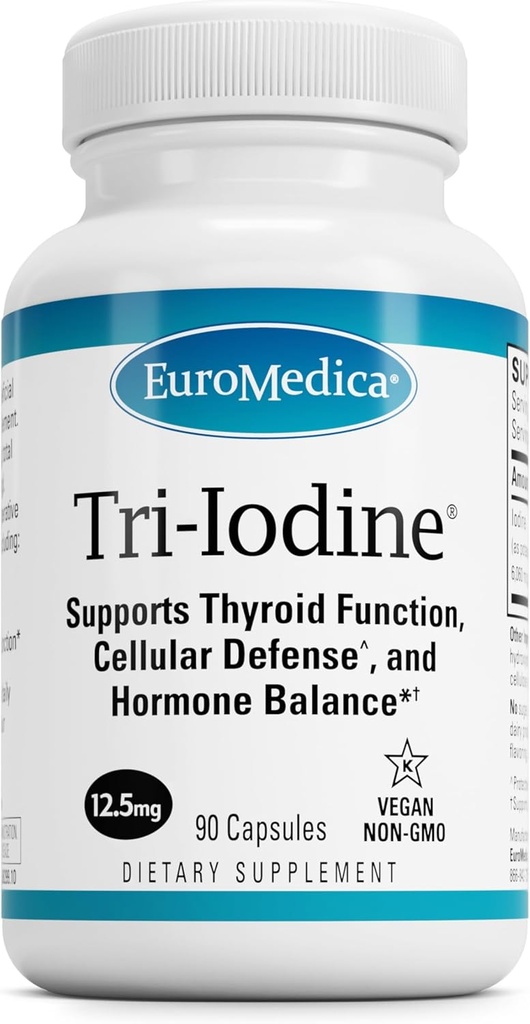 EuroMedica Tri-Iodine - Υποστήριξη Θυρεοειδούς Υγείας - Βοηθήματα Ορμόνη Ισορροπία με Μοριακό Ιώδιο από Kelp - Χαρακτηριστικά Ιωδιούχο Κάλιο & Ιωδιούχο Νάτριο - Brain & Energy Support - 12, 5mg, 90 Κάψουλες