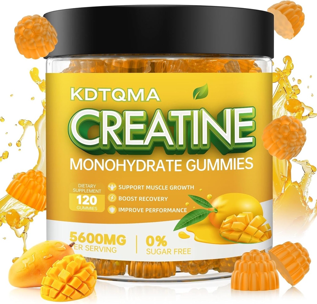 Erkekler ve Kadınlar 120 CT için Kreatin Monohidrat Gummies - Servis başına 5600 mg, Kas Destek & Enerji Boost, Sugar Free, Vegan (Mango Flavor)