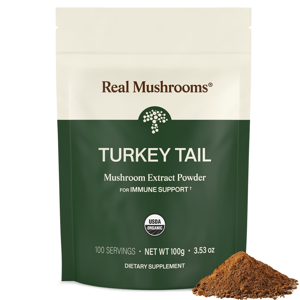 Real Mushrooms Türkiye Tail Mushroom Toz - Organik Türkiye Kuygun - Wellness, Gut Harmony, & Energy Support – Vegan, Non-GMO, No Fillers – 100 Servisler Fonksiyonel Mushroom Supplement