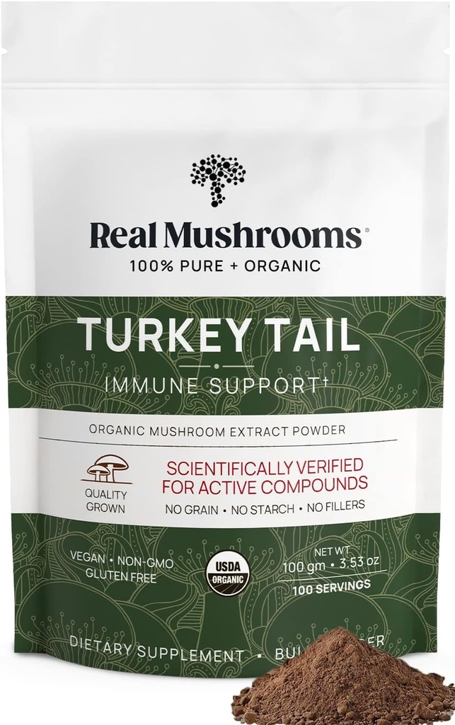 Real Mushrooms Türkiye Tail Mushroom Toz - Organik Türkiye Kuygun - Wellness, Gut Harmony, & Energy Support – Vegan, Non-GMO, No Fillers – 100 Servisler Fonksiyonel Mushroom Supplement