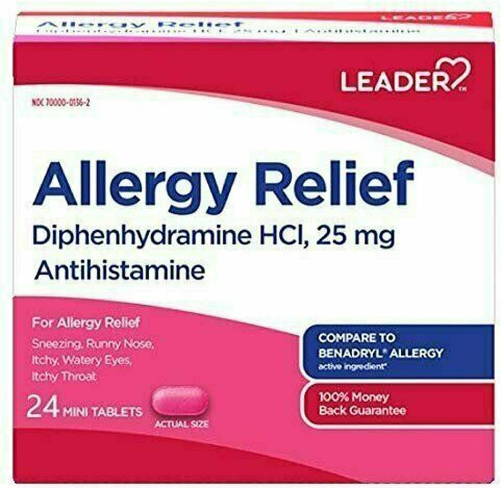 Leader Antihistamine Allergy Relief Diphenhydramine HCl, 25mg Mini Tablets, 24 Count