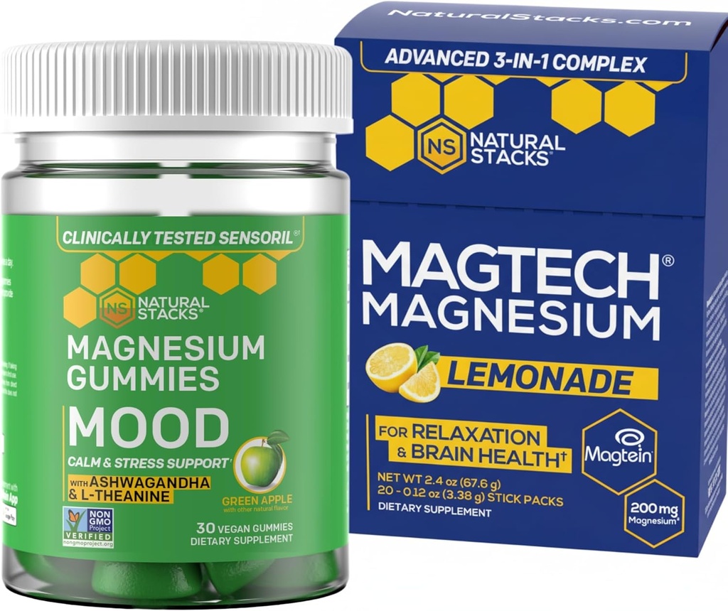 ΦΥΣΙΚΑ ΣΤΑΚΙΑ Magtech Magnesium Drink Mix + Mood Magnesium Gummies Bundle - 4 Forms of Magnesium - Εγκεφαλική υγεία, χαλάρωση & υποστήριξη στρες* - 35 Services