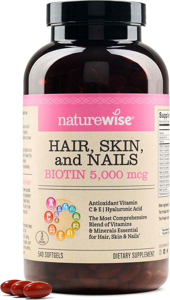 NatureWise Hair Skin and Nails Vitamin, Biotin 5000mcg w/Hyaluronic Acid, C, B Complex, D3, A, E, Iron - Non-GMO, Gluten Free - 540 Softgels[6-Month Supply]