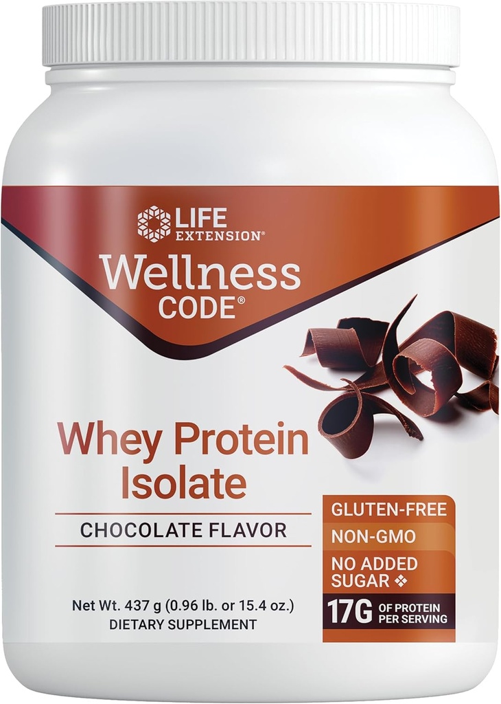 Επέκταση ζωής Wellness Code® Whey Protein Isolate (Χοκολάτη), Πρωτεΐνες και διακλαδισμένα-Αλυσιδωτά Αμινοξέα για την ανάπτυξη των μυών & την ανοσοποιητική υγεία, χωρίς προσθήκη ζάχαρης, χωρίς γλουτένη, μη ΓΤΟ, 437 γραμμάρια, 20 υπηρεσίες