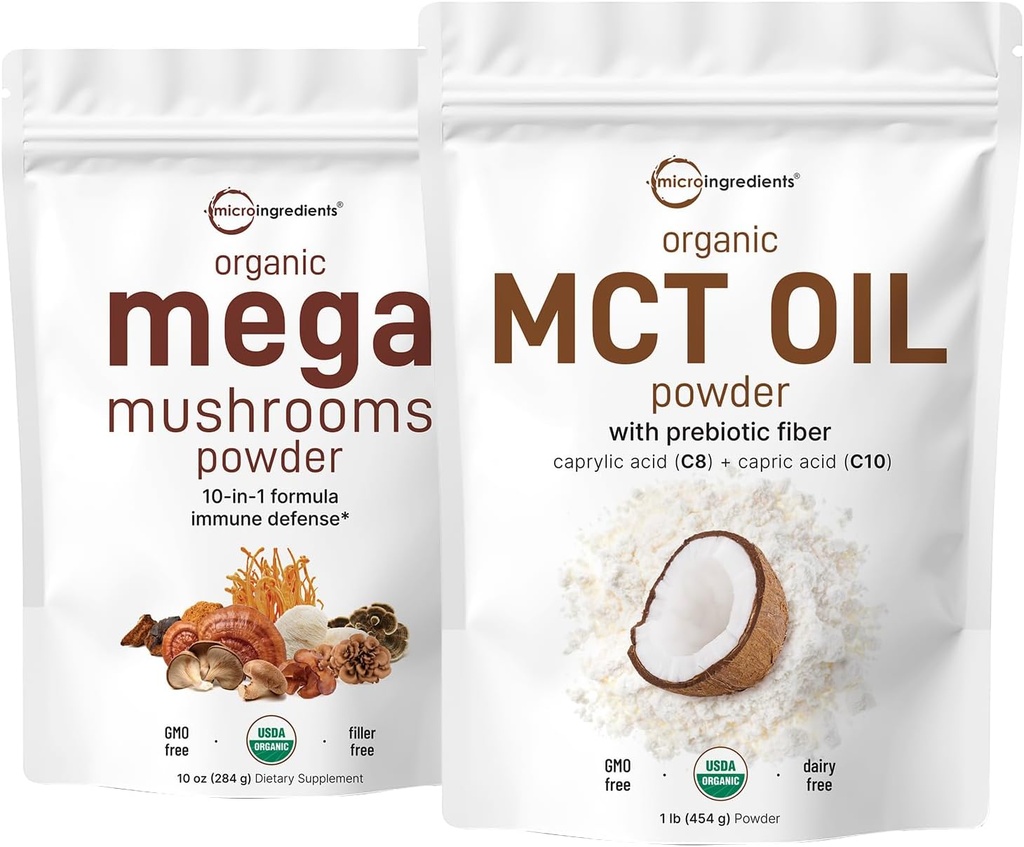 Micro Ingredients Organic Mega Mushroom Powder 10oz & Organic MCT Oil Powder 1lb Bundle 2 Pack  Έλαιο, κρέμα με βάση το φυτό