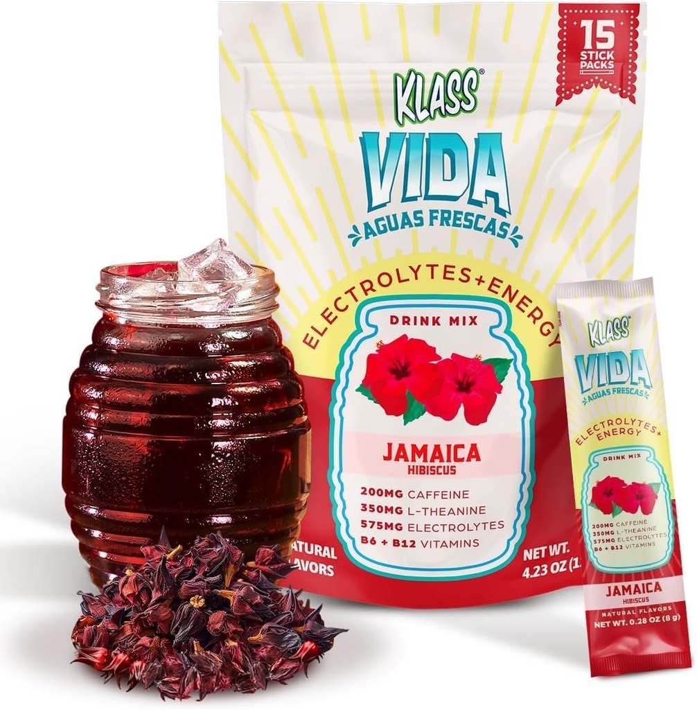 Hydration + Energy Electrolyte Drink Mix – Hibiscus Agua Fresca Flavor | Sugar-Free Toz with Caffeine, L-Theanine, Coconut Water & Minerals | 15 Single-Serve Stick Packs, Low Calorie