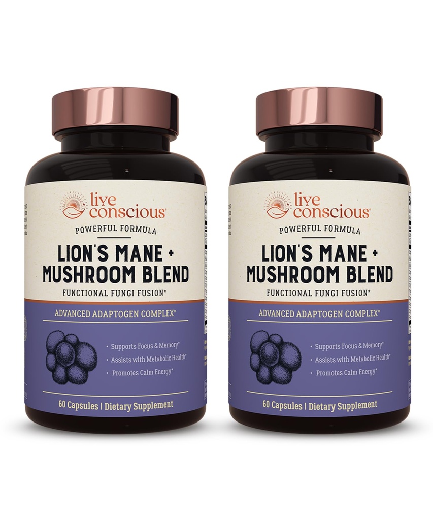 Live Conscious Lions Mane Mushroom Supplement Capsules for Brain Support w/Lion's Mane, Cordyceps, Reishi, and Turkey Tail Mushrooms - Συμπληρώματα Γνωστικής Μνήμης για το Brain (2-Pack)