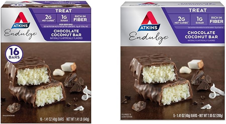 Atkins Endulge Σοκολάτα Coconut Bar 16 Count & 5 Count Bundles, Επιδόρπιο Αγαπημένο με Σοκολάτα και άρωμα καρύδας, Υψηλή σε Fiber, 1g ζάχαρη ανά υπηρεσία