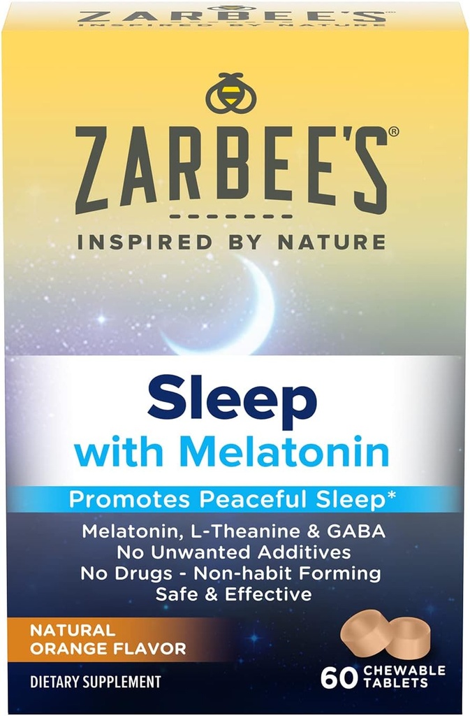 Zarbee's Melatonin 5 mg, L-Theanine + GABA Sleep Supplement to Trustful Sleep, Natural Orange Flavor, Chewable Tablets for Yetişkinler Yaş 12 Up, 60 Count