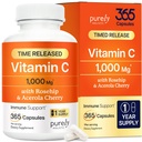 Safly Holistic C 1000 mg, 365 Capsules, 12 Ay Supply, 2 Aşama Zamanlı Ascorbici, Rosehip & Acerola Cherry Bioflavonoid, Immune System Support, Vegan