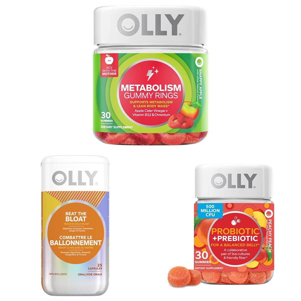 OLLY Metabolism Gummy Ring, Apple Cider Vinegar, B12, Kromium, Enerji ve Digestive Health Chewable Supplement (30 Count) ve OLLY Beat The Bloat Capsules, Digestive Support Enzymes, Supplement for Women (25)
