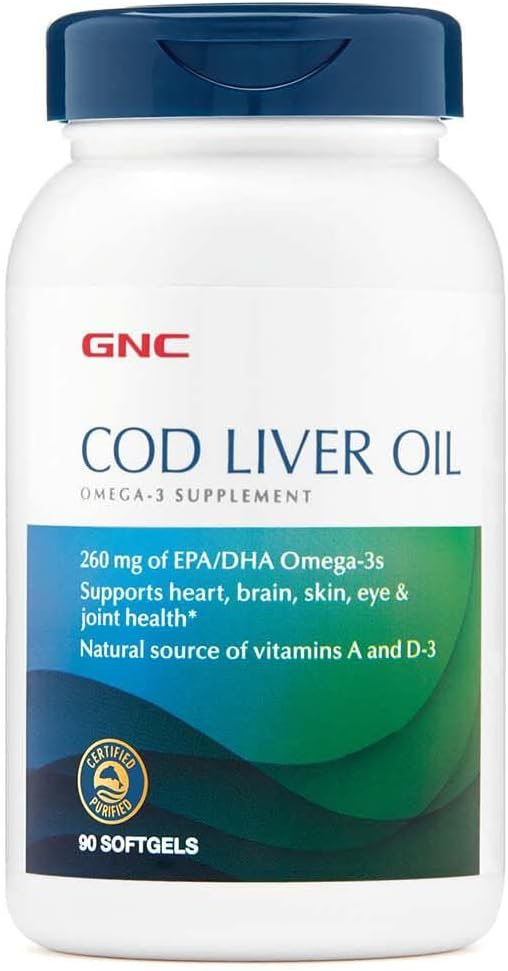 GNC Cod Liver Oil Omega 3 Supplement, 260 mg EPA ve DHA, Supports Heart, Brain, Skin, Eye and Joint Health, 90 Softgels