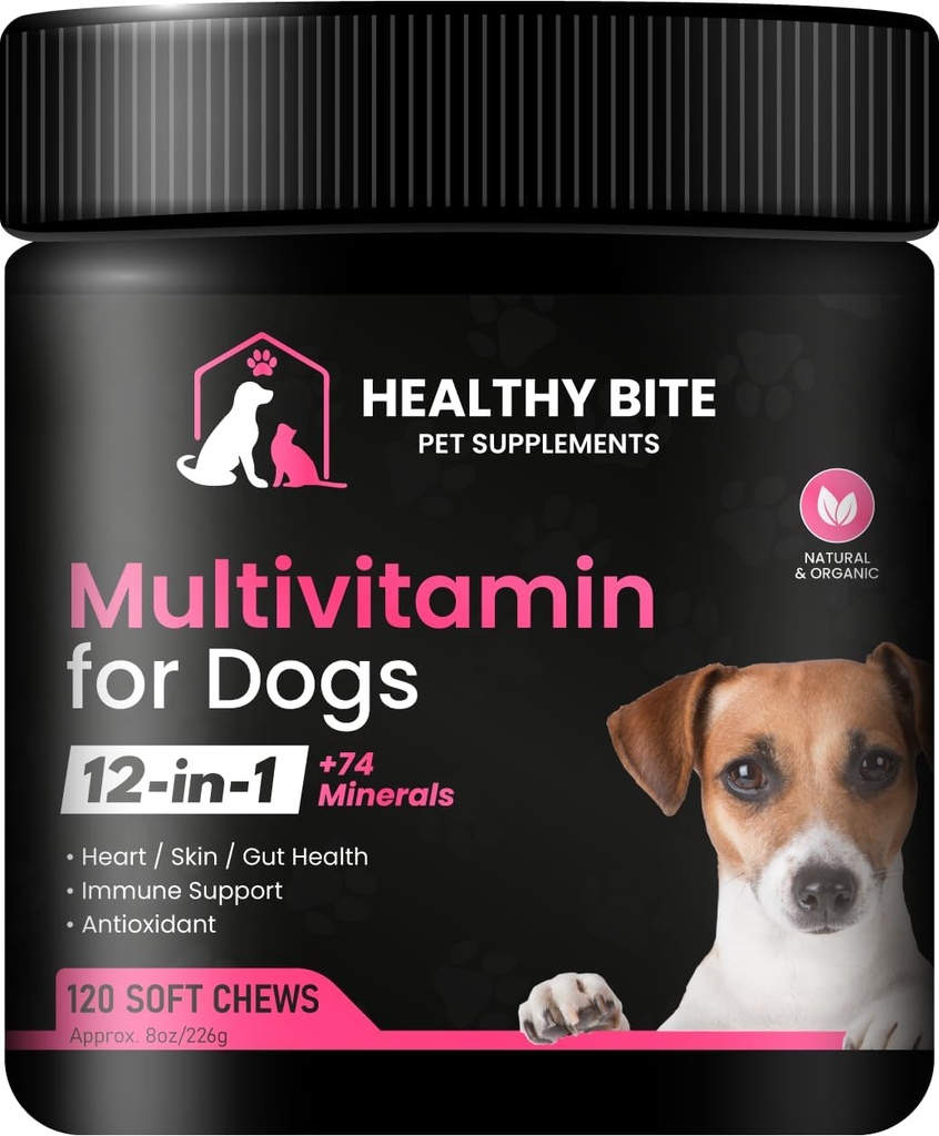 Healthy Bite 12 σε 1 πολυβιταμίνη για σκύλους - συμπλήρωμα δέρματος και παλτό, ανοσοποιητική υποστήριξη, Βιταμίνες κατοικίδιων ζώων, ασβέστιο για σκύλους Made in USA - 120 Count