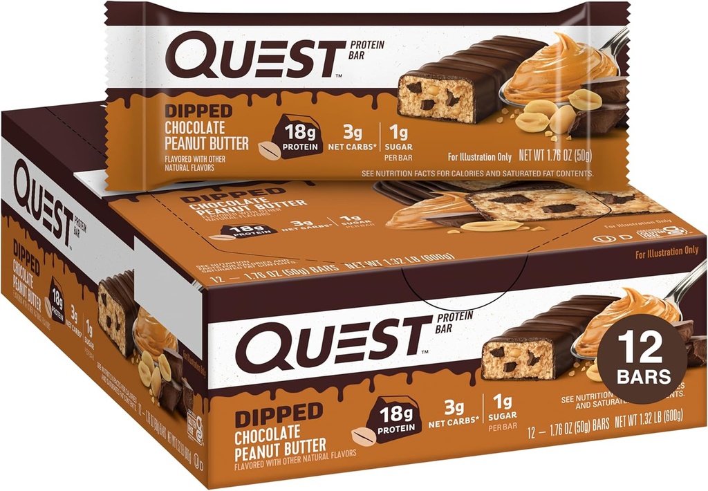 Quest Διατροφή βουτηγμένη σοκολάτα μπαρ πρωτεΐνης φυστικοβούτυρο, 18g πρωτεΐνη, 1g ζάχαρη, 3g καθαρό υδατάνθρακες, χωρίς γλουτένη, 12 Count
