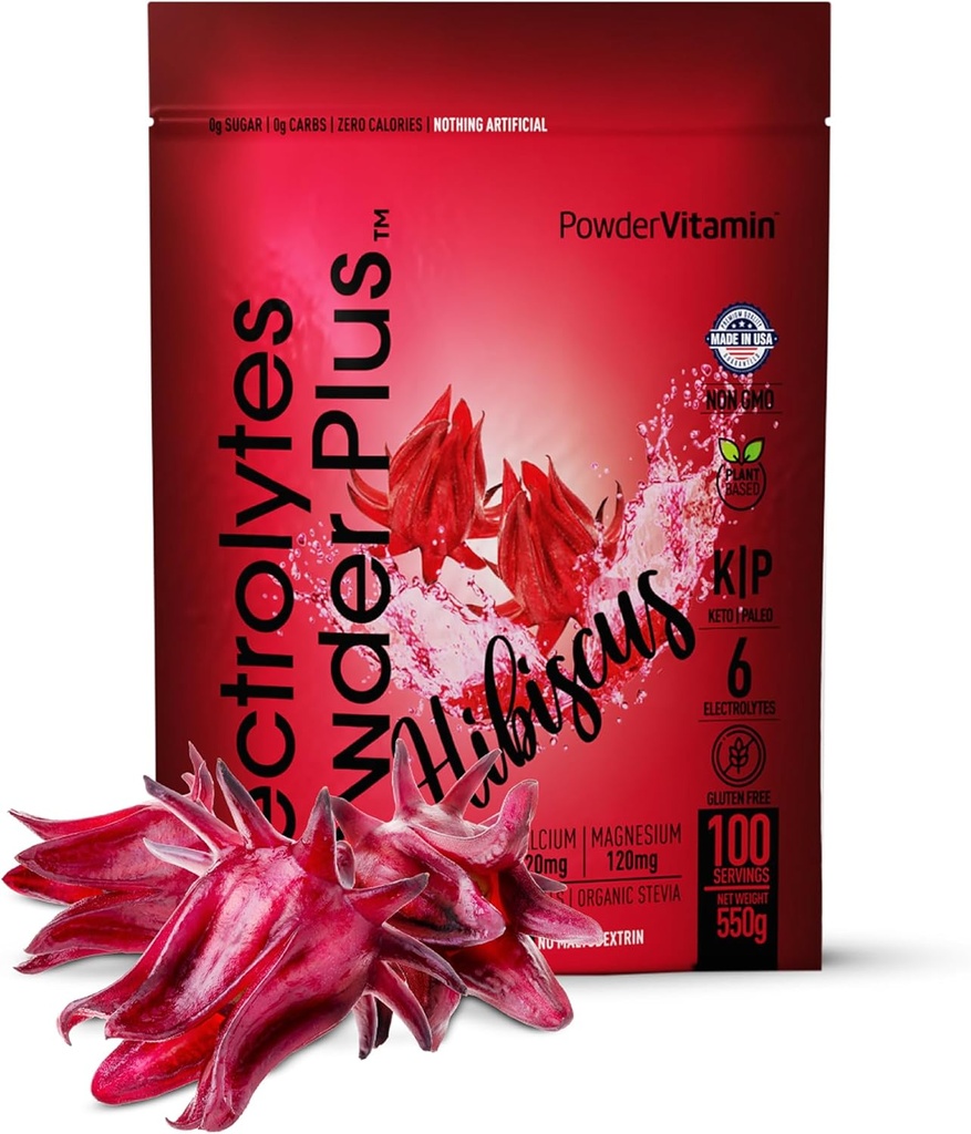 PowderVitamin Electrolytes Powder Plus (100 Servings) Hibiscus Electrolyte Powder Zero Calorie Keto,0 Sugar, No Maltodextrin,1000mg Potassium,120mg Calcium,120mg Magnesium, Hydration Powder