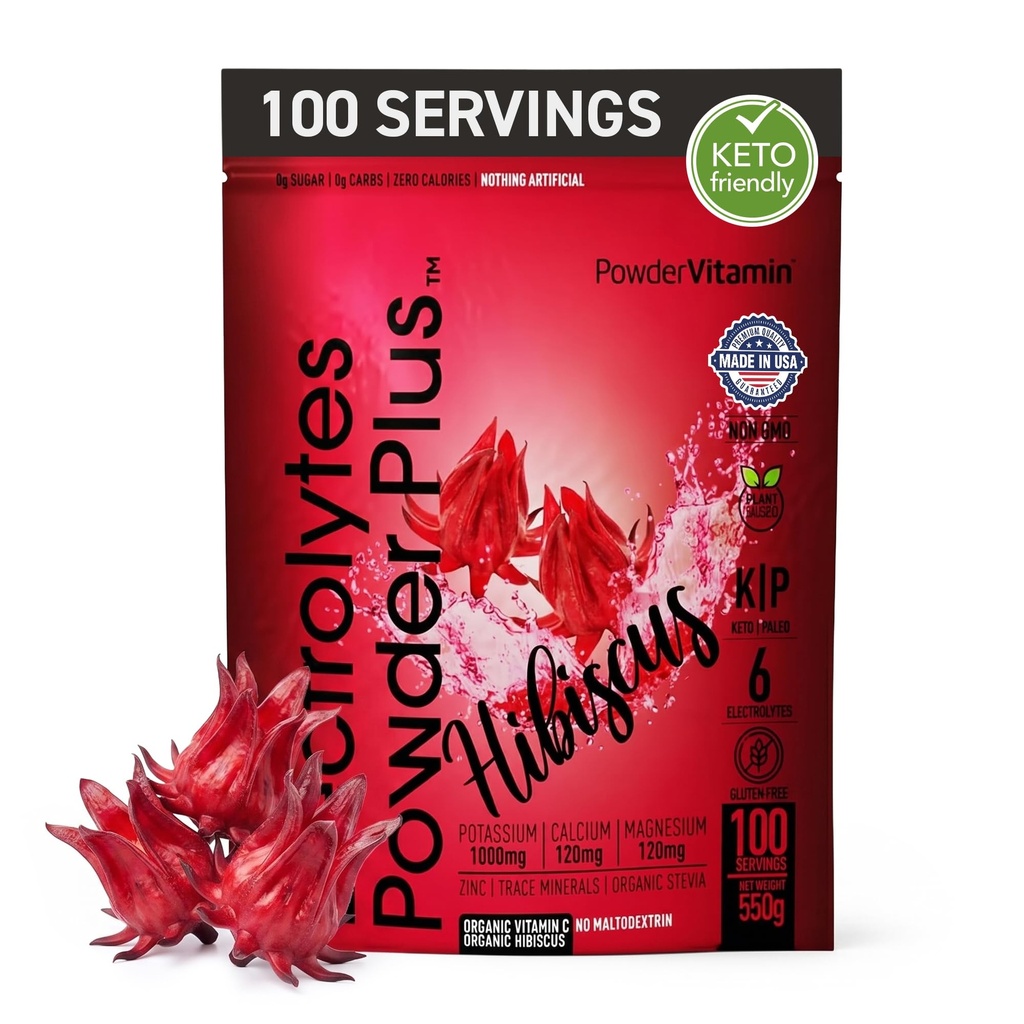 TozVitamin Electrolytes Toz Plus (100 Servisler) Hibiscus Electrolyte Toz Zero Calorie Keto,0 Şeker, No Maltodextrin,1000 mg Pyum,120 mgdis,120 mg Magnezyum, Hydration Toz,120mg Magnezyum, Hydration Toz