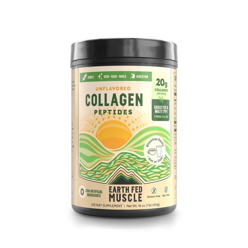 Earth Fed Muscle Collagen Peptides, Third-Party Certified. 20g Protein, Unflavored - Grass Fed, Non-GMO, Hormone Free, Gluten Free - Multi-Type - 23 Servings