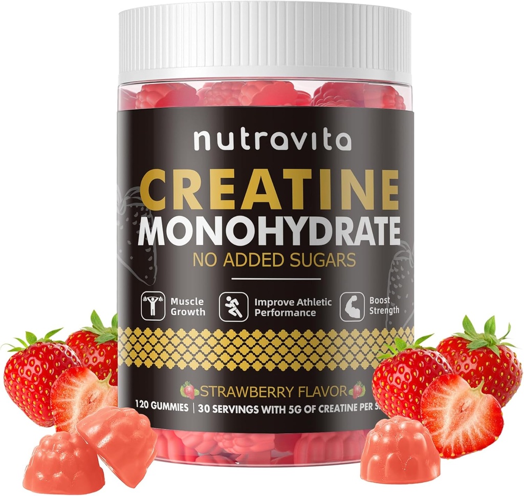 Erkekler ve Kadınlar için Sırtine Monohidrat Gummies for Men & Women-5g oftine Monohidrat - Sugar Free,Vegan, Strawberry Flavor, 120