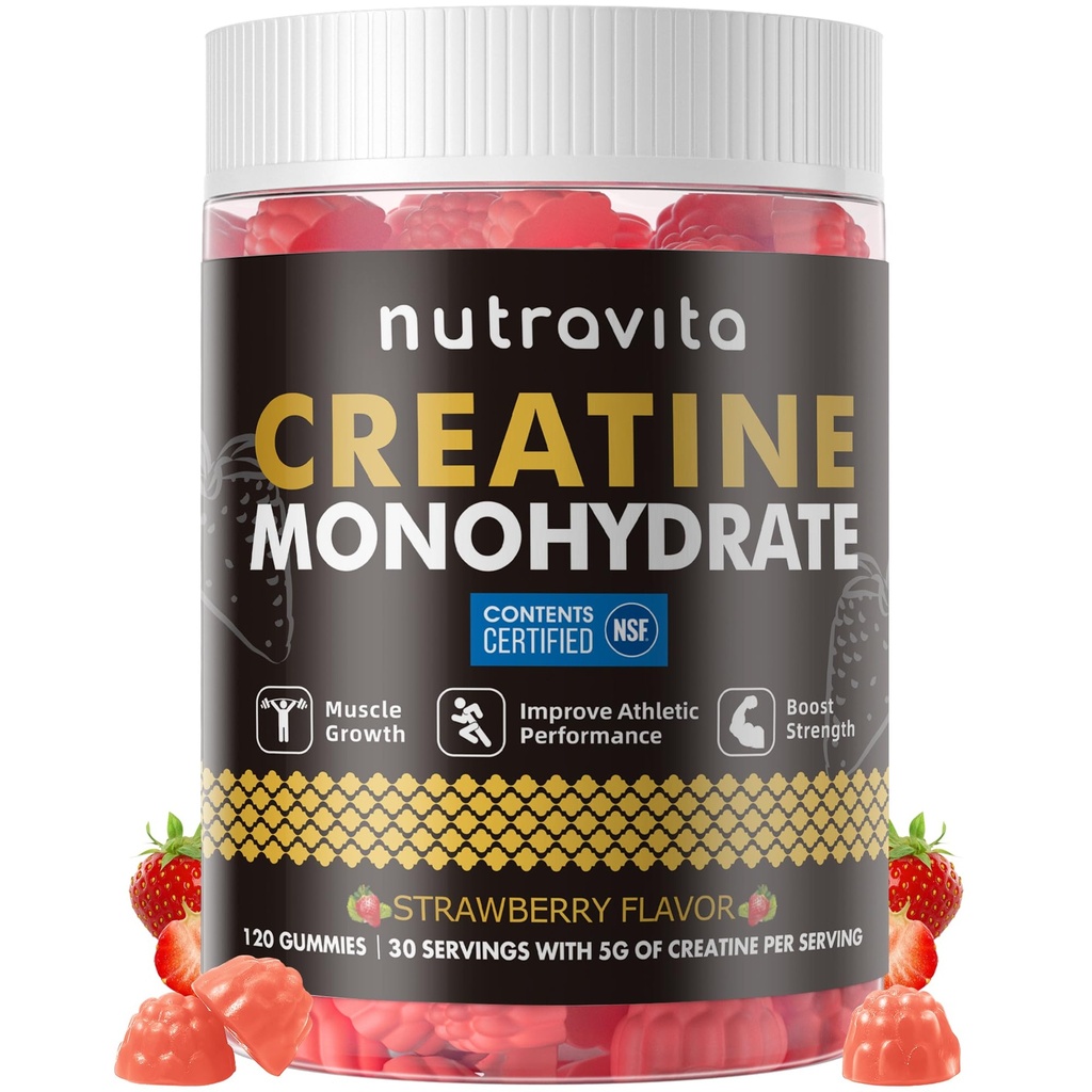 Erkekler ve Kadınlar için Sırtine Monohidrat Gummies for Men & Women-5g oftine Monohidrat - Sugar Free,Vegan, Strawberry Flavor, 120