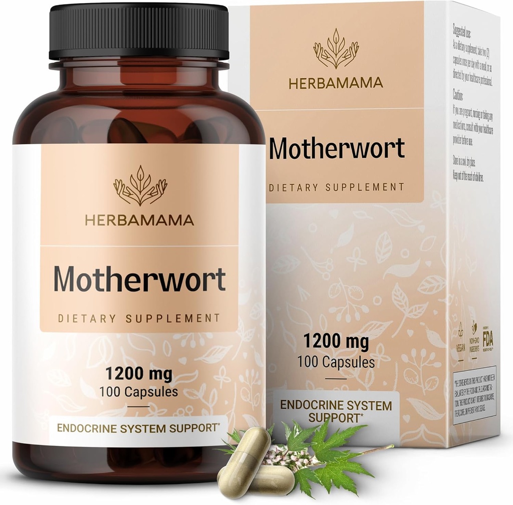 HERBAMAMA Motherwort Capsules – Natural Menopause Supplements* for Women – 1.200 mg Mother, Herb Tozu Kadınlara Yönelik Mood & Calm Desteğine – Vegan, Non-GMO – 50-Day Supply