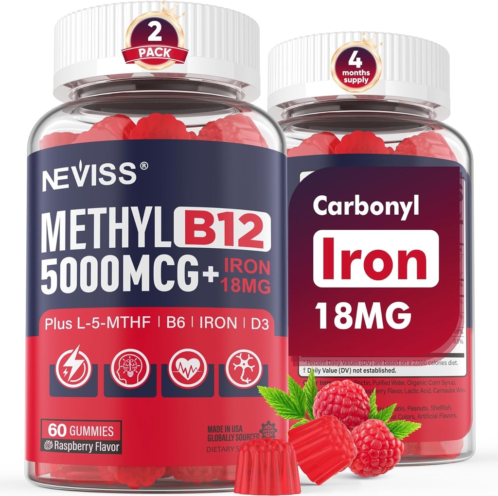 NEVISS Torch B12 Vitaminleri 5000 mcg Gummies + Demir 18 mg for Women - Active Mecobalamin MethylFolate, B6 (P5P) & D3 Enerji ve Oda Desteği için, 120 Hizmet