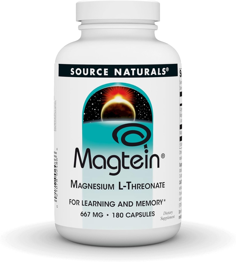 Source Naturals Magtein Magnezyum L-Threonate, 667 mg, Supports Focus, Mood, sağlıklı Memory, Cognitive Function - 180 Capsules
