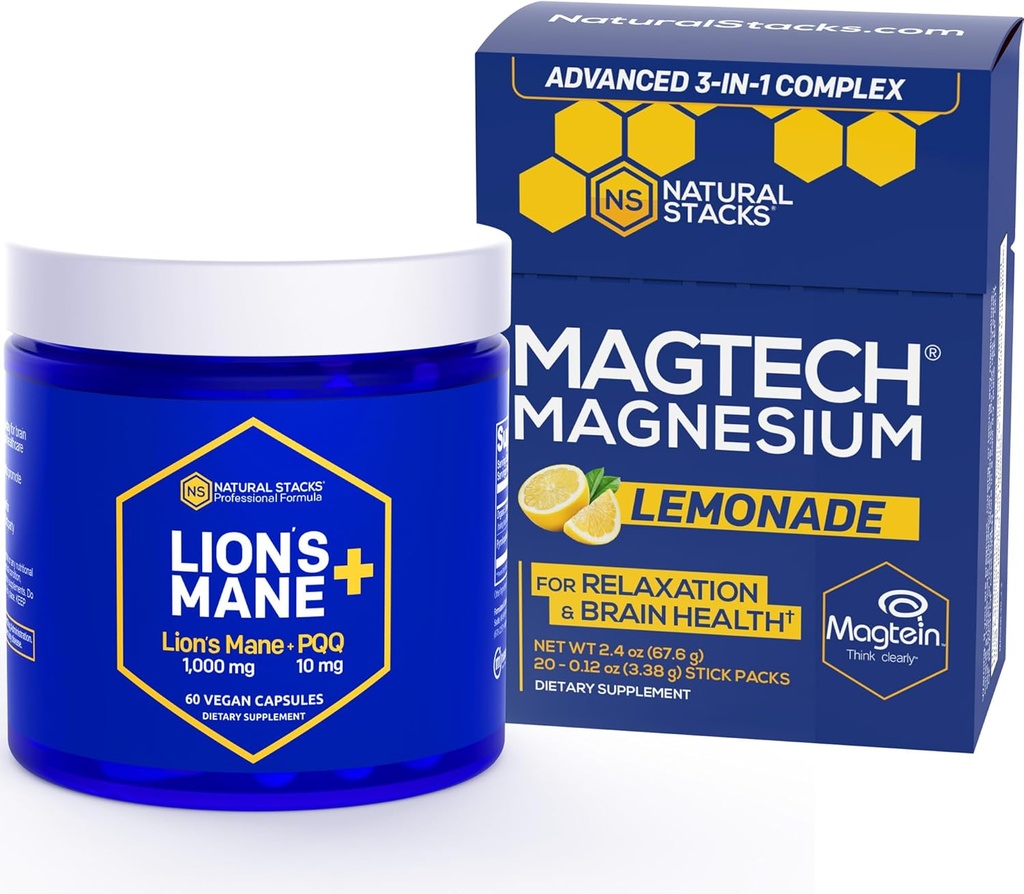 NATURAL STACKS Magtech Lemonade İçecek Mix + Lions Mane Mushroom Supplement Sche - Supports Relaxation, Brain Health & Memory* - 50 Hizmetler